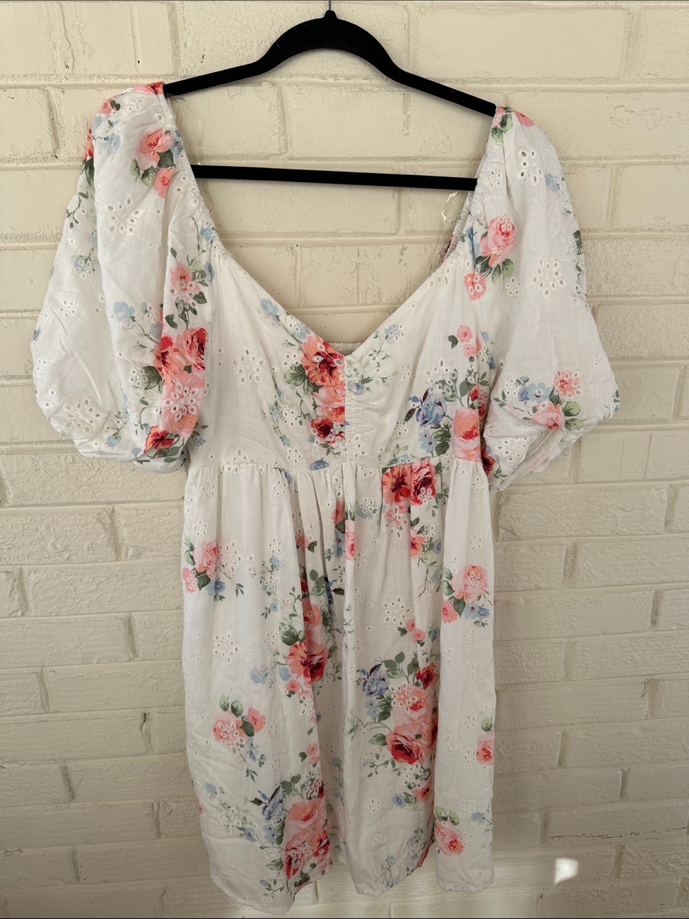 Penelope Rose Floral Boho Babydoll Romantic Mini Eyelet Puff Sleeve Dress S
